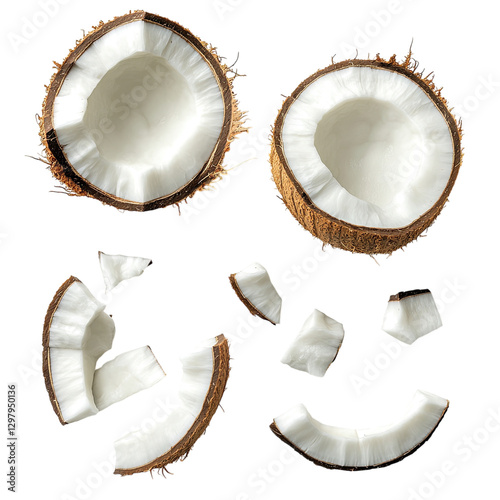 A set of coconut pieces, cut in half and arranged on a transparent background.