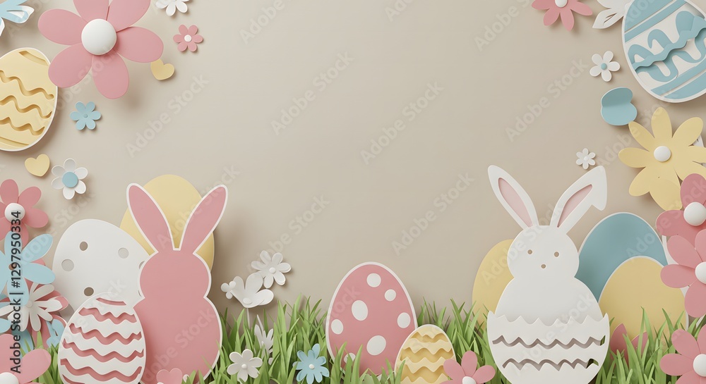Obraz premium Easter Bliss: A 3D Celebration of Spring Generative AI. 3D poster captures the essence of Easter Day, featuring vibrant paper-cut elements that evoke a joyful atmosphere. Text space.