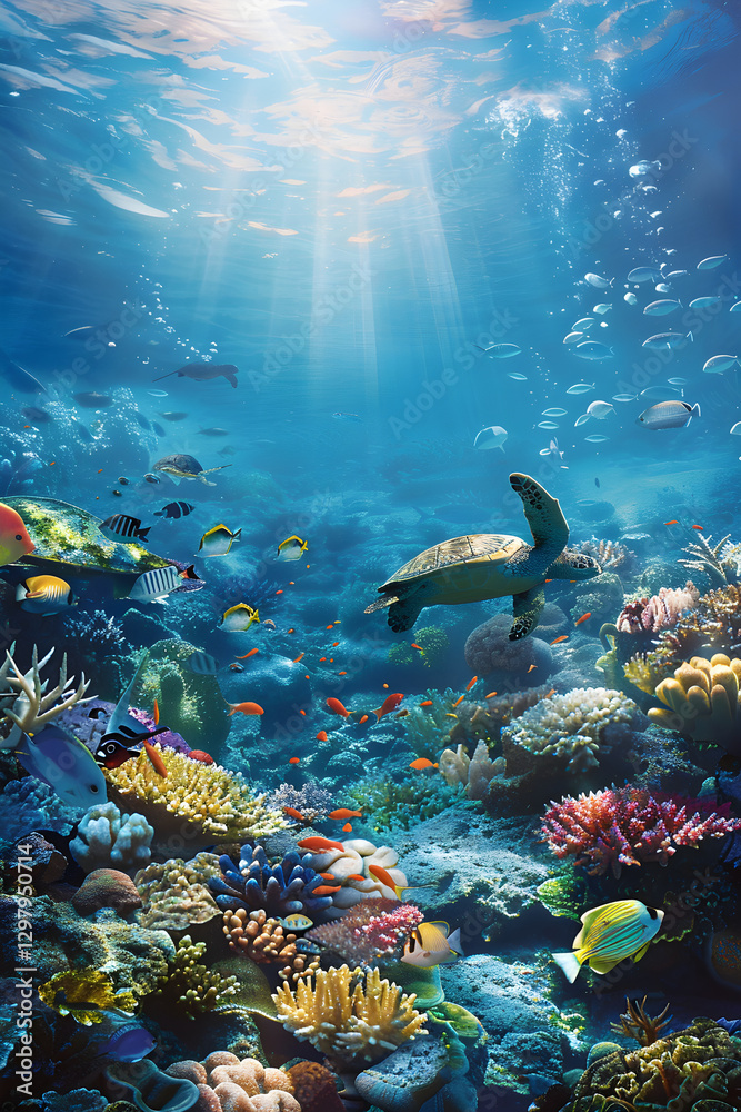 Naklejka premium Tranquil Underwater World - An Enchanting Glimpse of Marine Life and Vibrant Coral Reefs Beneath the Ocean's Surface