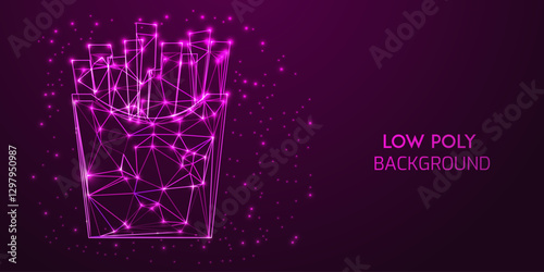Futuristic Low Poly Digital Wireframe Illustration of French Fries in a Container with Neon Blue Glowing Polygonal Connections on a Dark Abstract Background
