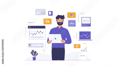 Businessman Holding Laptop Surrounded by Various Digital Advertising Icons and Data Visualizations in Creative Workspace