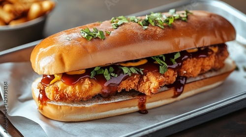https://s.mj.run/S-hLpzpE8Gc high 3/4 angle shot of a chicken tender sandwich with mustard bbq sauce on a metal tray with tray liner --ar 16:9 --v 6.1 Job ID: a14cae19-2744-4a8d-b09a-8414d9958dee