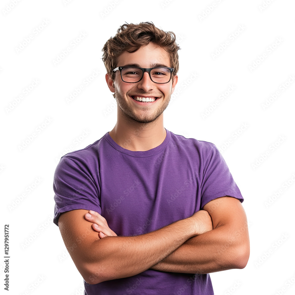 Obraz premium A young, handsome man with a cheerful smile, wearing a purple shirt and glasses, stands with his arms crossed against a transparent background.