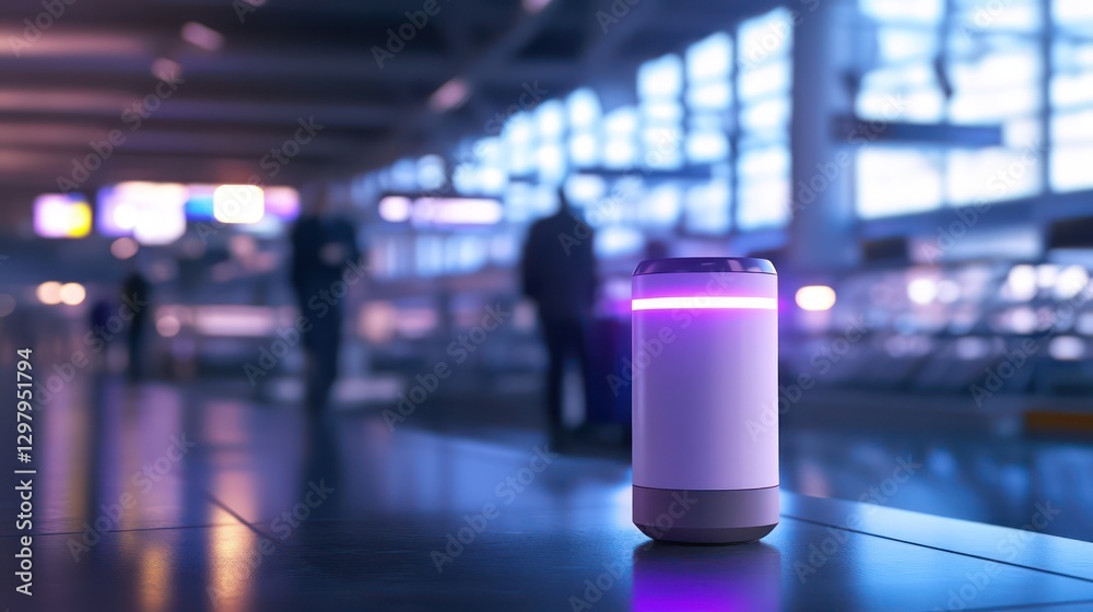 Futuristic wearable UV sterilizer with a modern design, compact and stylish, emitting gentle purple light, ideal for travelers in a busy airport Futuristic wearable UV sterilizer with a modern design, compact and stylish, emitting gentle purple light, ideal for travelers in a busy airport
