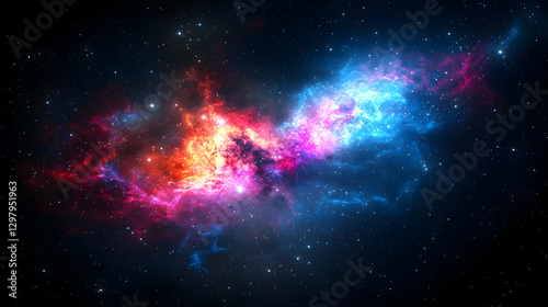Colorful Nebula Formation With Glowing Stars Against Dark Space Background