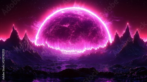 Celestial Radiance A Luminous Violet Sphere Illuminating a Dark Mountainous Landscape and Starry Sky Enhancing Interstellar Scenery