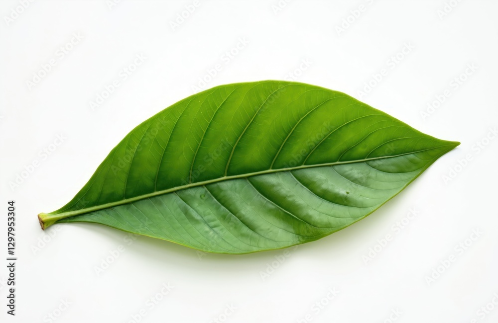 Fototapeta premium Studio shot of single vibrant Syzygium Malaccense leaf against white background. Fresh green foliage intricate details. Tropical plant part nature growth, wellness, eco awareness.