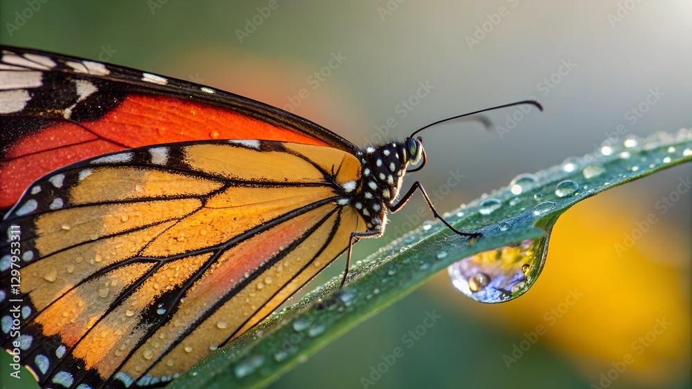 Obraz premium Monarch Butterfly on Dew-Drenched Leaf: A monarch butterfly with vibrant orange and black wings, resting on a dewy green leaf. The droplets of water glisten like tiny jewels.
