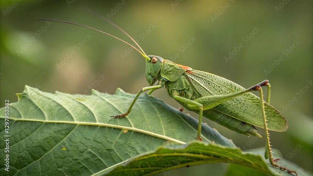 Green Cricket on Leaf: A vibrant green cricket rests elegantly on a lush green leaf, showcasing intricate details and textures against a softly blurred natural background. Green Cricket on Leaf: A vibrant green cricket rests elegantly on a lush green leaf, showcasing intricate details and textures against a softly blurred natural background.