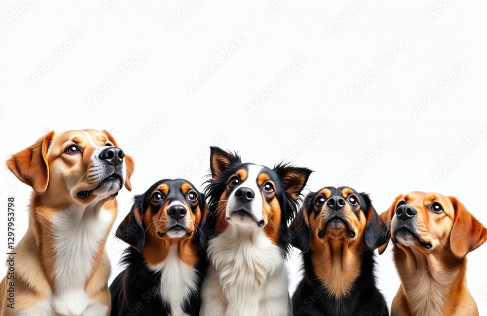 Five cute dogs sit against white background. Different breeds look up hopefully, pets waiting for treats. Animal friends posing studio. Concept of companionship, care, and loyalty. Five cute dogs sit against white background. Different breeds look up hopefully, pets waiting for treats. Animal friends posing studio. Concept of companionship, care, and loyalty.