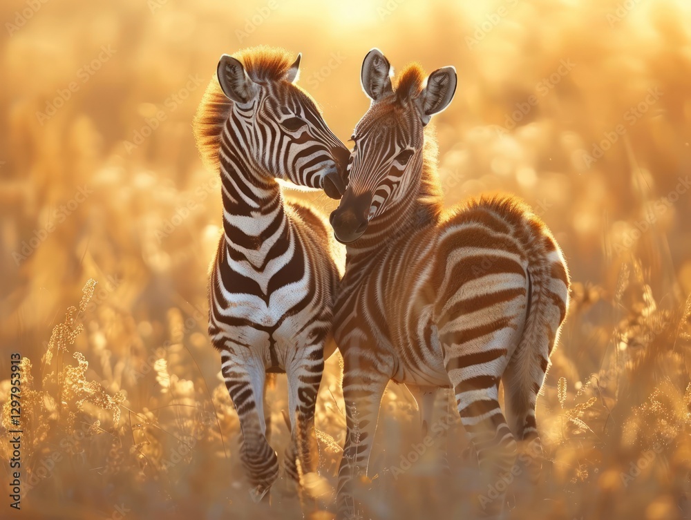 Fototapeta premium Golden Hour Zebra Foals Nuzzle Savanna Sunset Africa Wildlife