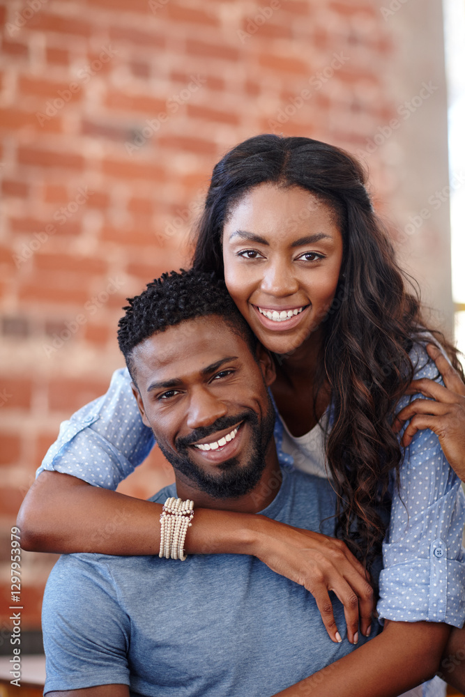 Obraz premium Black couple, hug and safety in happy portrait, weekend date and together for romantic partnership. Embrace, people and trust commitment in relationship, connect and support boyfriend with care