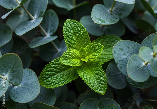 Fresh Mint Plant Surrounded by Eucalyptus Leaves Creates a Natural Background