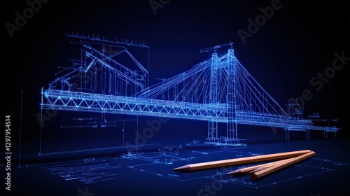 Glowing bridge design on blueprints with pencils against a dark backdrop