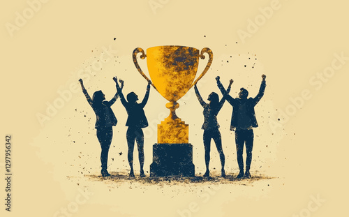 Business Team Success: Flat Style Vector Illustration of Diverse Professionals Celebrating with Golden Trophy
