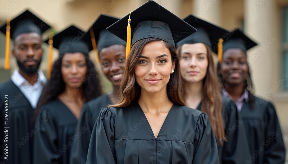 Diverse group graduate college students portrait at university outdoor. Multiethnic graduates wear black gowns, caps. Success, education, youth concept. Happy graduates with certificate, diploma Diverse group graduate college students portrait at university outdoor. Multiethnic graduates wear black gowns, caps. Success, education, youth concept. Happy graduates with certificate, diploma