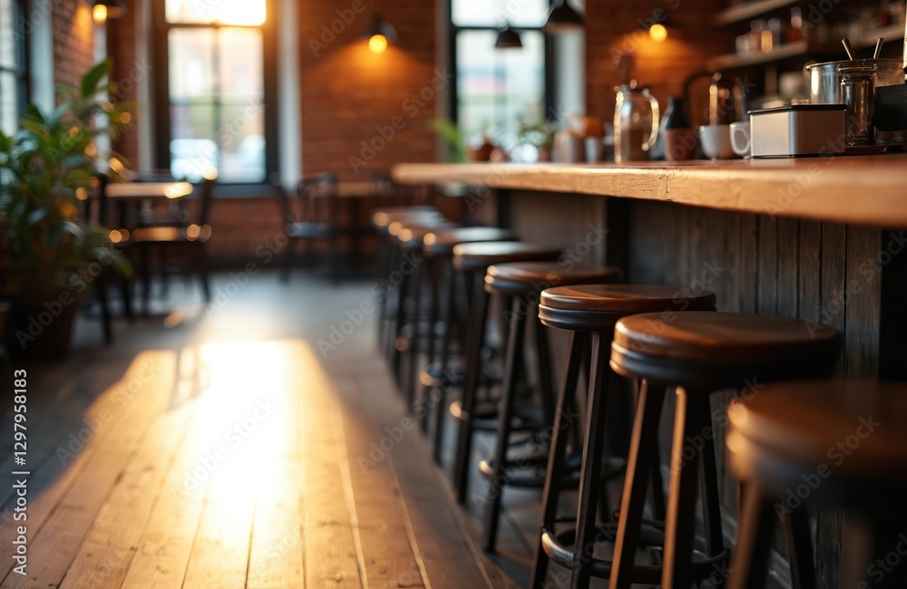 Interior photo of empty coffee shop with bar stools lined at counter. Wood furniture, dining tables chairs visible. Warm light accentuates the brick wall decor, creating cozy atmosphere. Interior photo of empty coffee shop with bar stools lined at counter. Wood furniture, dining tables chairs visible. Warm light accentuates the brick wall decor, creating cozy atmosphere.