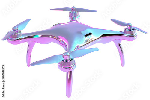 Futuristic holographic drone with a sleek iridescent body and transparent propellers, featuring high-tech cameras and a modern aesthetic, isolated on white background