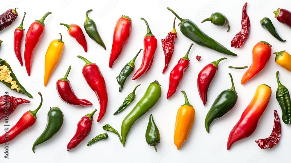 A vibrant collection of chili peppers in various colors forms an eye-catching display on a clean surface. Explore the essence of spice and flavor. Generative AI
