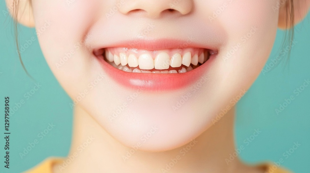 Fototapeta premium Smiling girl portrait studio photography bright environment close-up dental health concept