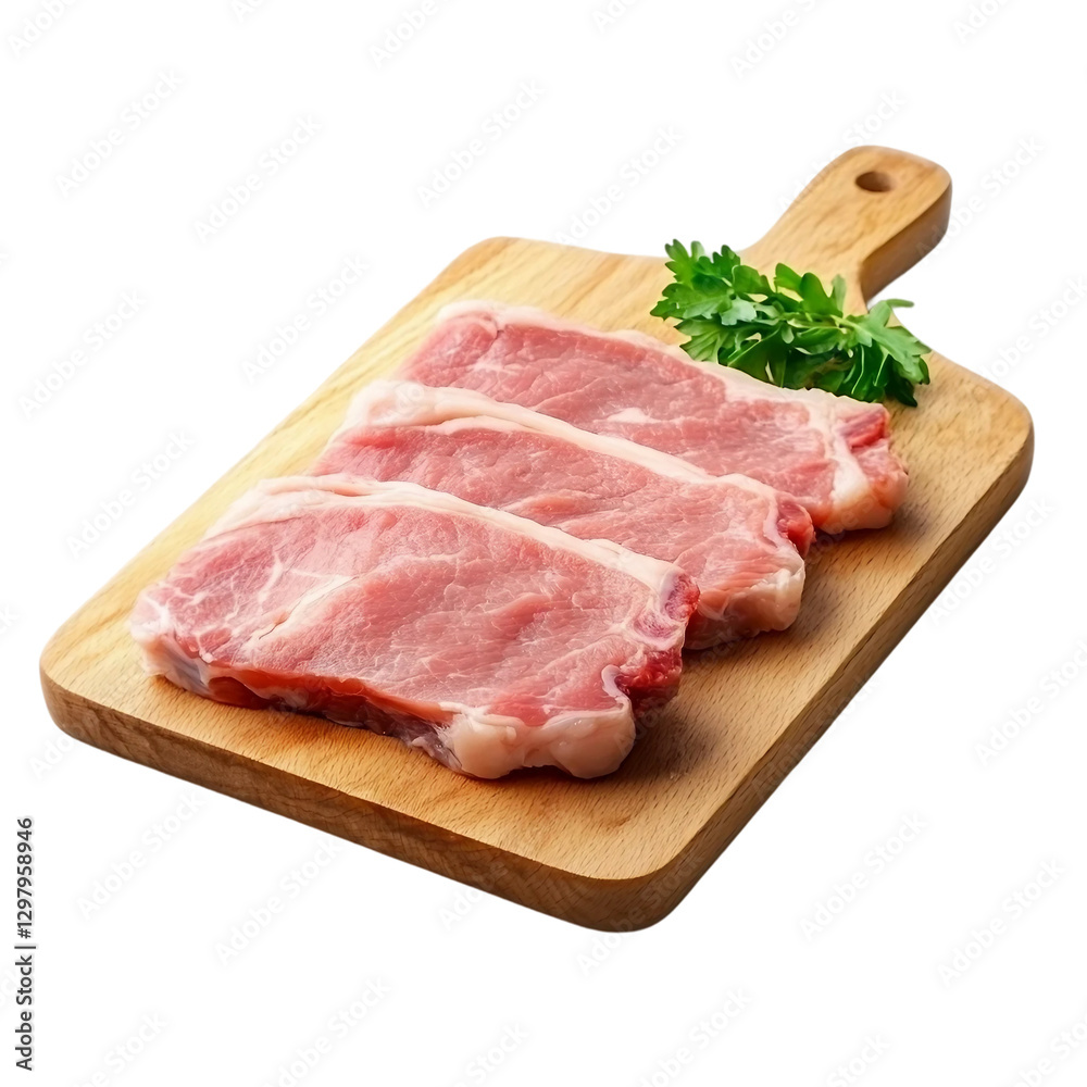 Raw pork on wooden chopping board for cooking on transparent background. Raw pork on wooden chopping board for cooking on transparent background.