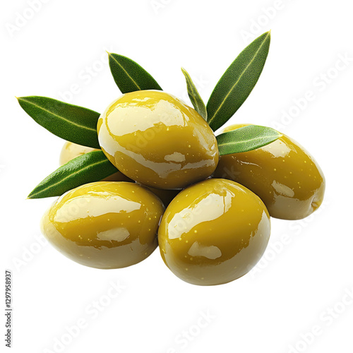 Green olives with leaves isolated on a transparent background. photo