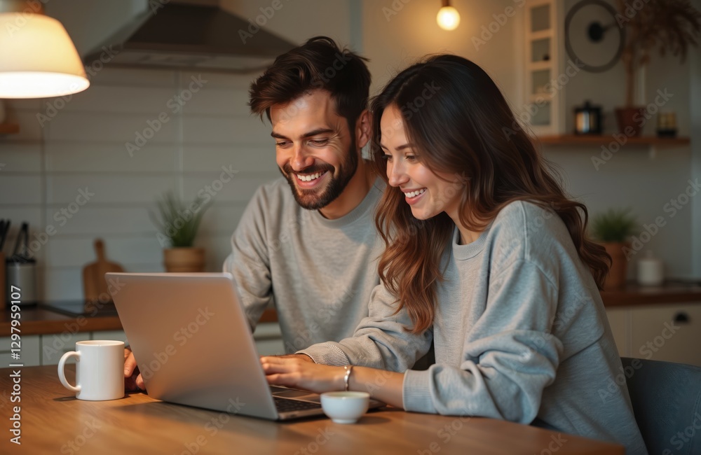 Cheerful couple looks at laptop screen sitting at kitchen table. Smiling spouse web surfing, making purchases online or booking flight tickets. Couple wearing casual clothes using notebook indoor. Cheerful couple looks at laptop screen sitting at kitchen table. Smiling spouse web surfing, making purchases online or booking flight tickets. Couple wearing casual clothes using notebook indoor.