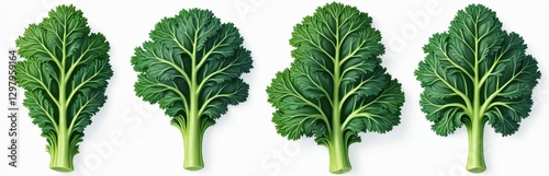 Illustration shows kale leaves collection isolated on transparent background. Leafy green vegetable, ingredient for healthy diet, vegan salad recipes, soups. Fresh organic superfood. Source of