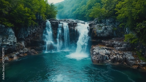 Majestic waterfall cascading into a vibrant turquoise pool, surrounded by lush green forest.