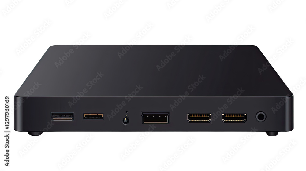 Sleek Modern Hub: a close-up, isolated image of a sleek, black hub, showcasing its array of ports, connectors, and modern design. Sleek Modern Hub: a close-up, isolated image of a sleek, black hub, showcasing its array of ports, connectors, and modern design.