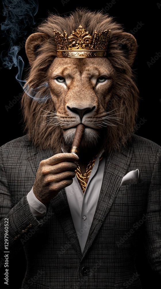 Majestic lion king with cigar dark background art regal environment close-up view power and luxury concept Majestic lion king with cigar dark background art regal environment close-up view power and luxury concept