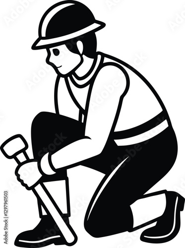 Construction Worker Silhouette Builder Holding Hammer.