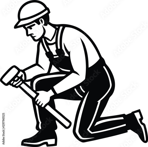 Construction Worker Silhouette Builder Holding Hammer.