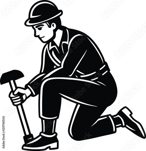 Construction Worker Silhouette Builder Holding Hammer.