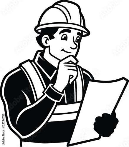 Construction Engineer Silhouette Worker Checking Blueprint