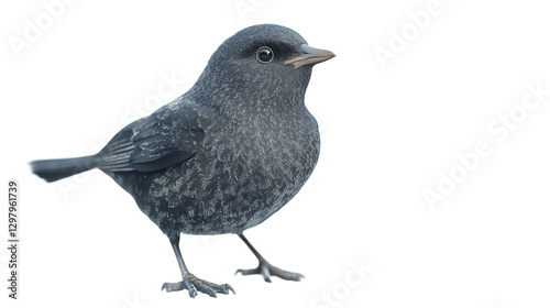 A tiny, dark bird, speckled with silver, stands alert against a stark white background, its small size emphasizing its delicate beauty and quiet strength.