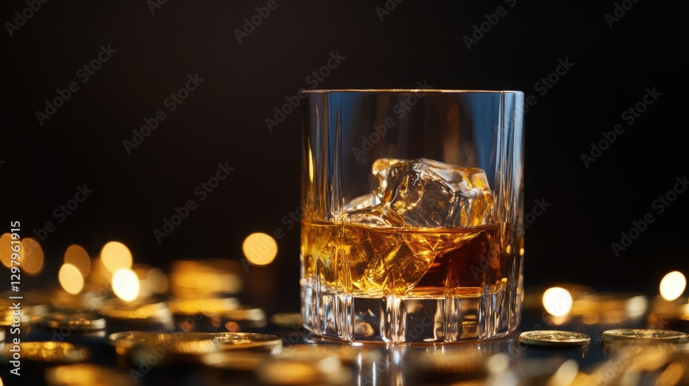 A glass of whiskey with ice surrounded by gold coins. A glass of whiskey with ice surrounded by gold coins.