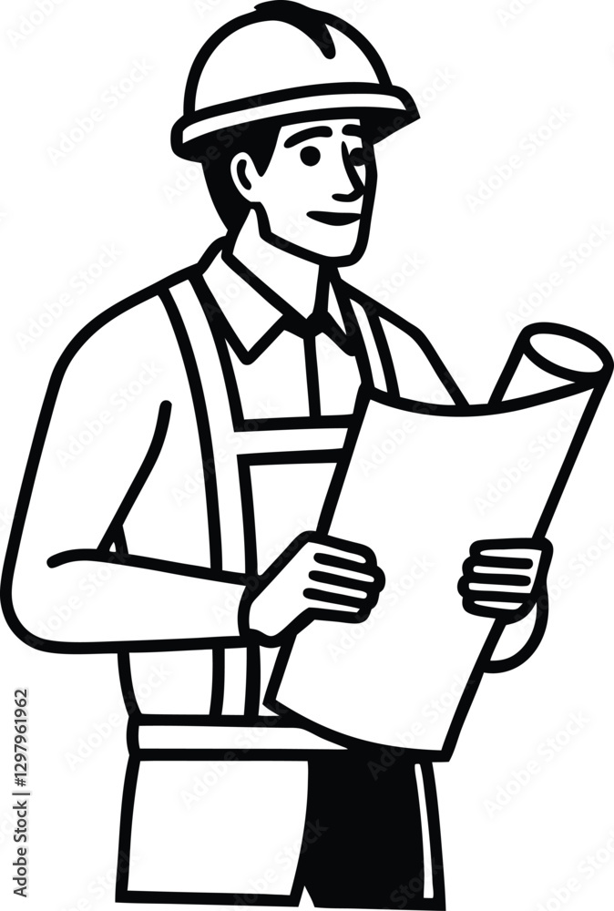 Construction Engineer Silhouette Worker Checking Blueprint Construction Engineer Silhouette Worker Checking Blueprint
