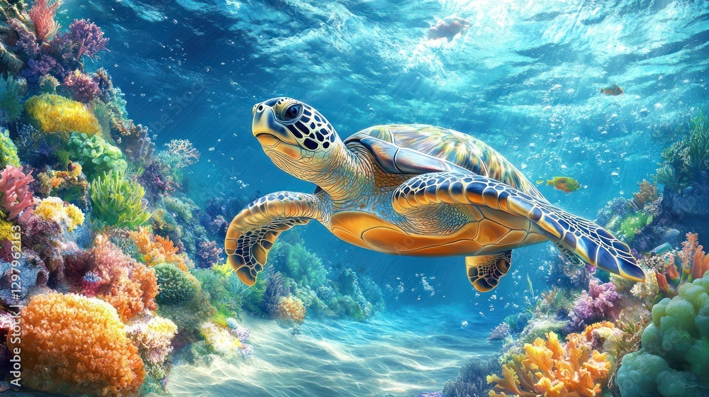 Fototapeta premium Sea turtle swimming in vibrant coral reef. (1)