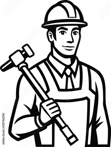 Construction Worker Silhouette Builder Holding Hammer.