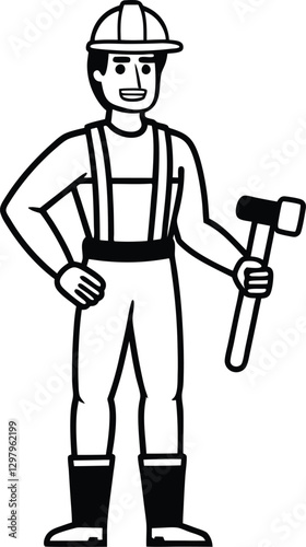 Construction Worker Silhouette Builder Holding Hammer.
