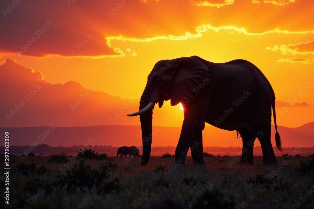 Fototapeta premium Giant elephant shadow on the savannah at dusk, large, savannah, wildlife