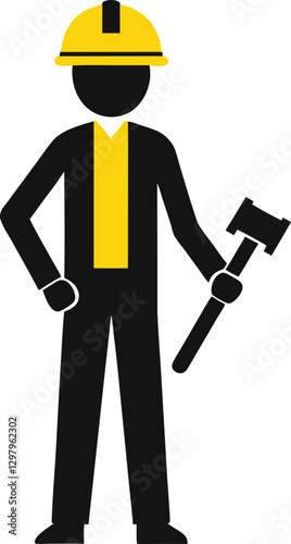 Construction Worker Silhouette Builder Holding Hammer.