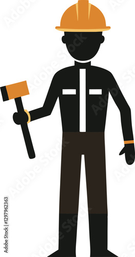 Construction Worker Silhouette Builder Holding Hammer.