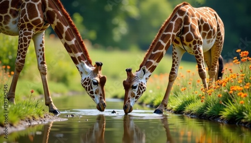 Giraffes drinking from waterhole with flowers, Nursery, Giraffes, Illustration
