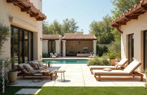 Modern Spanish colonial style backyard patio with pool, lounge chairs and garden. Summer vacation at cozy home, sunny afternoon. Exterior of house with classic architectural details.