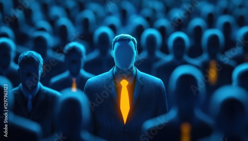 A solitary, faceless business professional stands out in a crowd of indistinguishable figures, highlighting themes of individuality and conformity in corporate environments.