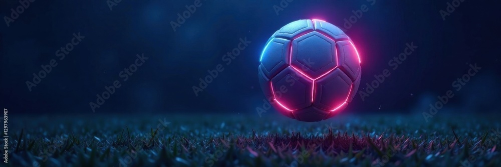 Naklejka premium Glowing neon soccer ball suspended in mid-air over dark blue background with soft focus effect, near field photography, soccer ball, abstract sports