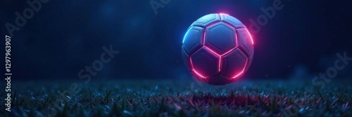 Glowing neon soccer ball suspended in mid-air over dark blue background with soft focus effect, near field photography, soccer ball, abstract sports