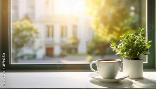 Wallpaper Mural 카페 창가, 테이블 위에 커피 한 잔과 작은 화분이 놓여 있는 조용한 분위기 Torontodigital.ca